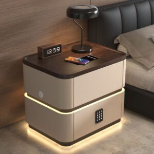 Smart Bedside Cabinet with Digital Lock, 15W Qi Wireless Charging, Walnut Wood Top, USB Port, LED Light, Nightstand for Bedroom