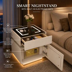 Smart Nightstand with Wireless Charging, Built-in Electronic Safe, Ambient Light and Storage